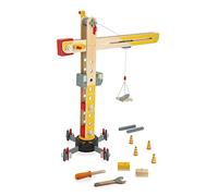 Janod - Large 74 cm-Tall Wooden Crane - Pretend Play Toy - Construction Game - 360° Rotation and Mobile - 12 Accessories Included - FSC-Certified - 3 Years +, J06468