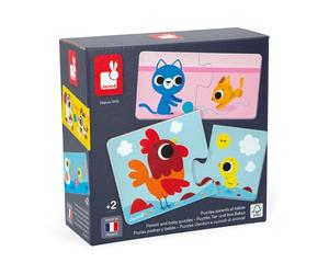 Janod - Parent and Baby Animals Puzzle - 12 Cardboard 2-Piece Puzzles - Educational Game - Fine Motor Skills and Concentration - FSC Product and Vegetable Inks - Made in France - Ages 2 + - J02637