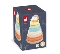 Janod - Stackable Wooden Culbuto Bird - Wooden Early Learning Toy - 7 Pieces to Stack - Stacking Tower - Moving Base - Baby Toy From 1 year - J05145