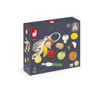 Janod - Set of 12 Fruits and Vegetables - Canvas Bag - Pretend Play Shopping Basket - Ideal Complement for Play Kitchen and Tea Set - From Age 3, J06639