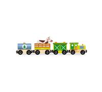 Janod - Farm Train Story Set - 5 Wooden Figurines - Make-Believe Toy - Farm Animals with Vehicles - Compatible with Rails Already On The Market - Suitable for Ages 3 and Up, J08578
