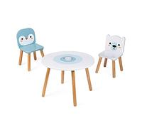 Janod - Table and 2 Wooden Ice Floe Chairs - Round Children's Table with Removable Pencil Holder - 1 Polar Bear Chair and 1 Penguin Chair - Ideal for Children from 3 Years Old, J09650