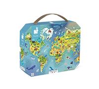 Janod - 100-Piece ‘The World’ Children’s Puzzle - Educational Game - Fine Motor Skills & Concentration - Suitcase-Shaped Box with Handle - Made in France and FSC-Certified - 6 Years+ - J02607