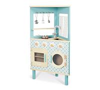 Janod - Trio Wooden Kitchen - Compact 3-Sided Kitchen - Pretend Play Kitchen & Tea Set Toy - Retro Style - 5 Metal Utensils Included - Water-Based Paints - 3 Years +, J06546