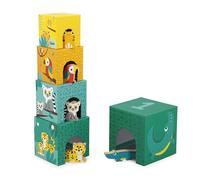 Janod, Tropik Stacking Pyramid, 5 Cubes and 5 Animals, 12 Months+ | Numbered Cardboard Cubes 1-5, Wooden Jungle Animals, Counting, Size Sorting, Fine Motor Skills and Hand-Eye Coordination