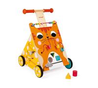 Janod Wooden Activity Baby Walker Cat - Push Along Toy with Brake and Height Adjustable Handle - First Steps, Learning to Walk - From 12 Months Old,