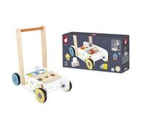 Janod - Wooden Baby and Child Walking Trolley From 12 months - 18 Wooden Pieces Included + Shape Sorting Box - Silent Wheels + Brake System - From 1 year