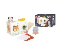 Janod - Wooden Baby Tissues Box Toy From 12 months - 4 Pieces to Fit Together + 4 Tissues with Different Textures - Shape Sorting Box - From 12 months