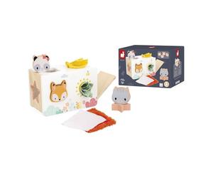 Janod - Wooden Baby Tissues Box Toy From 12 months - 4 Pieces to Fit Together + 4 Tissues with Different Textures - Shape Sorting Box - From 12 months