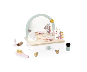 Janod - Wooden Beauty Dressing Table for Children - Drawer, Mirror and 7 Accessories - Unicorn Theme - Height 33cm - Dummy Make-up - From 3 Years - J06463