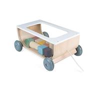 Janod - Wooden Cube Trolley - Sweet Cocoon Collection - Early-Learning and Early Years Toy, Water-Based Paint - Pull-Along Toy - Learning to Walk - from 18 Months Onwards, J04407