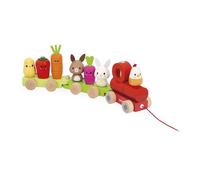 Janod - Wooden Pull-along Train - Farm Theme - 3 Wagons and 19 Pieces - Pull-along toy - FSC wood and water-based paint - Fine motor skills - From 12 months, J03314