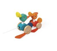 Janod Zigolos Pull Along Duck Family Early Learning and Motor Skills Toy with Flapping Feet Made of Beech and Cherry Wood for Ages 12 Months+