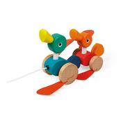 Janod - Wooden Push-Along Ducks - Faux Leather Feet for Sound Effect + 50 cm String - Pull-Along Toy - Early Learning and First Age Toys - Motor Skills and Imagination Development - From 12 months