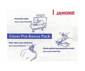 Janome CoverPro Bonus Pack for 1000CPX / 2000CPX - Cover Pro Extension Table, Clear View Cover Stitch Foot, Elastic Gathering Attachment (Wide)