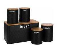 Janoon 5pc-Kitchen Set Bread Bin,Tea,Coffee,Sugar,Tins and Biscuit Barrel Sealed Containers (Black)