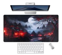 Janpanese Full Moon Large Gaming Mouse Pad for Desk (31.5x15.7 in) Keyboard and Mouse Pad with Non-Slip Rubber Base,Double Stitched Edges,Black Red Anime Laptop Mousepad XXL Desk Pad Mat