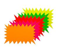 Janrax Pack of 100 Assorted Coloured Neon Fluorescent Price Flashes 100 x 75mm | Bright Retail Display Signs | Card Sale Starburst Labels for Shop Displays, Classrooms, Arts, Crafts & Events