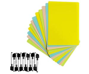 Janrax Pack of 12 A4 Assorted Coloured Whiteboards with 12 White Board Marker Pens - Reusable Dry Erase Writing Boards for School, Classroom, Home Learning, Office Training & Kids Activities