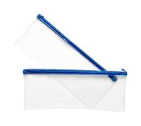 Janrax Pack of 2 13x5 Blue Zip Clear Exam Pencil Cases - Transparent with Coloured Zipper See Through Stationery Pouch