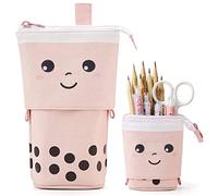 JANREAY 2 in 1 Cute Pencil Case Telescopic Pencil Case Pop-Up Pencil Holder Stand Up Retractable Pen Holder Makeup Bag for Students, Teenagers Girls Boys Pink, Peach Tea, One Size, Additional Pocket