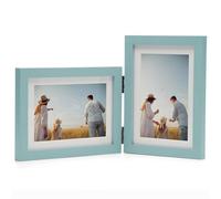 Janreefan Double Horizontal & Vertical Picture Frames Hinged Folding Photo Frames in Teal Blue Made of Pine Wood with Real Glass for Wall Hanging or Tabletop Standing, Display Pictures 4x6 with Mat or