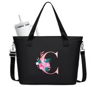 JANSBEN Women's Large Shopper Handbag with Personalised Initials, Shoulder Bag with 15.6 Inch Laptop Compartment & Stanley Cup Pockets, Shoulder Bag with Zip, Tote Bag for Work, Travel, School, black