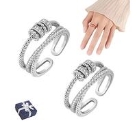 JANSIO Threanic Triple-Spin Ring, Self Soothing Ring, Open Anti Anxiety Ring, Thermogenic Moissanite Spinner Ring to My Daughter Fidget Anti Anxiety Ring with Beads Spinner (Silver-2Pcs)