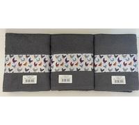 Jansons Direct Linens 100% Cotton 3 Pack Clucking Hens Design Kitchen Hand Tea Towels in Charcoal Grey