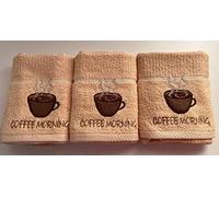 Jansons Direct Linens 100% Cotton 3 Pack Coffee Morning Coffee Cup Design Kitchen Hand Tea Towels in Beige