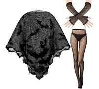 Jansun 3 Pcs Black Spiderweb Costume Accessories for Women Spider Web Poncho Fishnet Stocking Skull Spider Web Legging Tight Spider Web Arm Warmer Long Gloves Fingerless Gloves for Halloween Cosplay