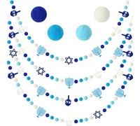 Jansun 4 Pack Hanukkah Garlands 32.8 Feet Felt Menorah Star of David Dreidel Blue White Pom Pom Garland Ornaments for Chanukkah Fireplace Wall Home Outdoor Party Hanging Decor Supplies