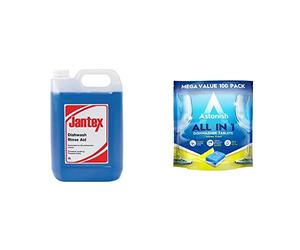 Jantex CF977 Dishwasher Rinse Aid Concentrate 5Ltr & Astonish All In 1 Powerful Cleaning Dishwasher Tablets with Salt and Rinse Aid, Mega Pack of 100 Tablets, Lemon Fresh