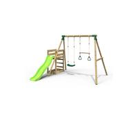 (Janus, Green) Rebo Wooden Swing Set plus Deck & Slide