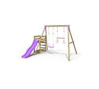 Rebo® Wooden Swing Set Plus Deck and Slide - Janus Pink | OutdoorToys | Kids' Playset - Trapeze, Sturdy Construction, Pressure Treated Timber, Soft-Feel Ropes