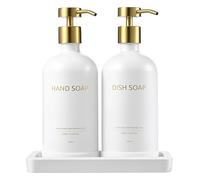 Janxin 2pcs 500ml Glass Bottles, Washing Liquid Dispenser, Shampoo and Conditioner Bottles, Soap Dispensers, Pump Bottle Dispenser with Tray for Bathroom and Kitchen (White bottle + golden head)
