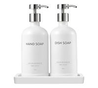 Janxin 2pcs Refillable Liquid Hand Jar Dispenser for Bathroom, Glass Soap Dispenser Bottle with Pump, 500ML, With Ceramic Tray, Suitable for Shower Gel, Shampoo (White bottle + silver head)