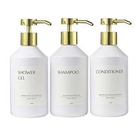 Janxin 3 Pack Washing up Liquid Dispense, Plastic Soap Dispenser, Shampoo and Conditioner Dispenser, Soap Dispenser Bathroom, Suitable for Kitchens, Bathrooms, Hotels(White bottle + gold head)
