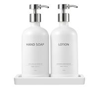 Janxin Glass Kitchen Soap Dispenser Set with Ceramic Tray,16.9 floz Hand and Dish Soap Dispenser for Kitchen and Bathroom Decor (White + Silver(Lotion))