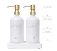 Janxin Glass Soap Dispenser for Kitchen with Stainless Steel Pump and Wood Tray, Modern Bathroom Dispenser with Waterproof Labels for Hand, Dish Soap, Lotion(White Bottles+Gold Pumps)