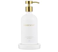 Janxin Glass Soap Dispenser Set, Kitchen & Bathroom Dispense, Glass Soap Dispenser Bottle with Pump, Shampoo Dispenser, With tray, Suitable for Kitchen(White bottle gold head (HAND SOAP))