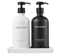 Janxin Glass Soap Dispenser, Shampoo and Conditioner Dispenser, Kitchen Supplies, Refillable, with Tray (White and Black Bottle + Black Head)