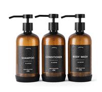 Janxin Refillable 600ml Shampoo Bottles, Shower Dispenser with Waterproof Labels (Amber Bottles + Black Pumps), 3-Piece Set