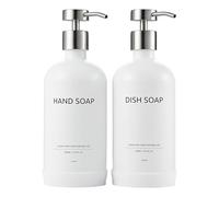 Janxin Set of 2 Glass Soap Dispenser 500 ml, Soap Dispenser Black Glass, Soap Dispenser White, and Non-Slip Silicone Protective Underlay (White bottle + silver head)