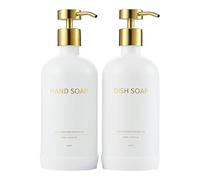 Janxin Set of 2 Glass Soap Dispenser 500 ml, Soap Dispenser Black Glass, Soap Dispenser White, and Non-Slip Silicone Protective Underlay (White bottle + gold head)