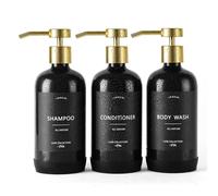 Janxin Shampoo and Conditioner Dispenser, Refillable 600 ml Shampoo Bottles, Shower Dispenser with Waterproof Labels for Bathroom (Black Bottles + Golden Pumps)