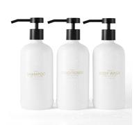 Janxin Shampoo and Conditioner Dispenser, Refillable 600ml Shampoo Bottles, Shower Dispenser with Waterproof Labels for Bathroom (White Bottles + Black Pumps), JXEU08