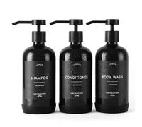 Janxin Shampoo and Conditioner Dispenser, Refillable 600ml Shampoo Bottles, Shower Dispenser with Waterproof Labels for Bathroom (Black Bottles + Black Pumps)