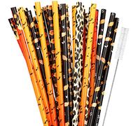 JANYUN 40 Pieces Halloween Reusable Straws BPA-Free 9'' Colorful Printing Hard Platic Stripe Drinking Straw for Mason Jar Tumbler Family or Party Use Cleaning Brush Included (Halloween Style)