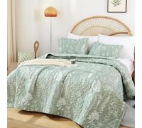 JANZAA Quilt King Size Sage Green Quilt Bed Spread Boho Quilt with Floral Pattern Microfiber Quilts Set 3 Pieces Lightweight Comforter Reversible Bedding Set 1 King Size Quilts and 2 Pillowcases